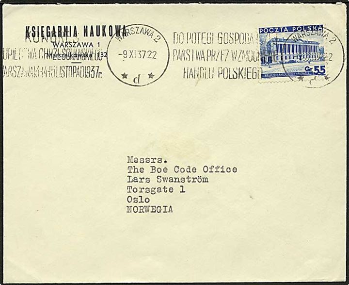 55 gr. Racynski bibliotek single på brev fra Warszawa d. 9.11.1937 til Oslo, Norge.