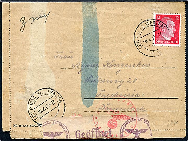 12 pfg. Hitler på fortrykt korrespondancekort fra KZ-lejr Neuengamme Arbeitslager Porta dateret d. 5.2.1945 og stemplet Porta Westfalica d. 10.2.1945 til Fredericia. Fra modstandsmand, Børge Køngerskov, som blev arresteret for jernbanesabotage i 1943. Tysk censur fra Hamburg.