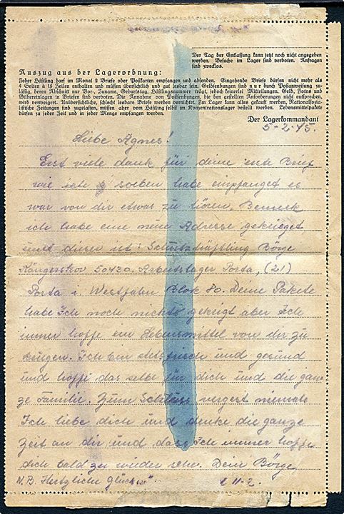 12 pfg. Hitler på fortrykt korrespondancekort fra KZ-lejr Neuengamme Arbeitslager Porta dateret d. 5.2.1945 og stemplet Porta Westfalica d. 10.2.1945 til Fredericia. Fra modstandsmand, Børge Køngerskov, som blev arresteret for jernbanesabotage i 1943. Tysk censur fra Hamburg.