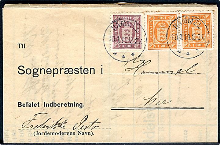 1 øre (par) og 3 øre Tjenestemærke foldebrev mærket Befalet Indberetning sendt lokalt i Hammel d. 18.1.1919. 