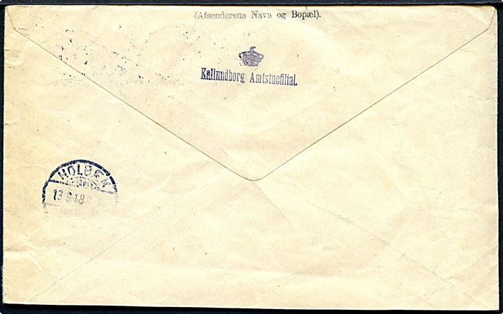 4 øre Tjenestemærke i vandret 5-stribe på adressebrev for pakke fra Kallundborg d. 13.9.1918 til Holbæk.