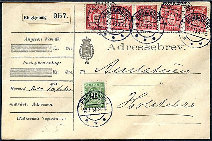 5 øre og 10 øre i vandret 5-stribe Tjenestemærke på 55 øre frankeret adressebrev for pakke fra Ringkjøbing d. 12.7.1913 til Holstebro.