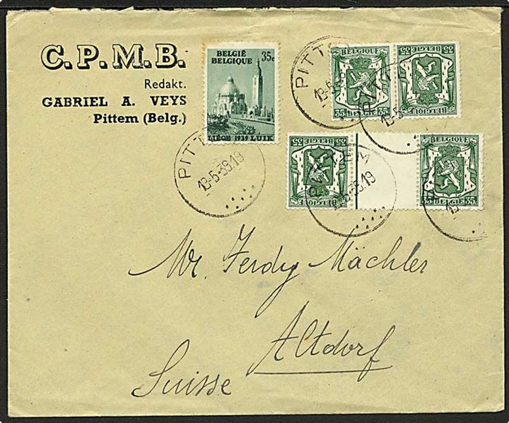 35 c. Løve i tête-bêche sammentryk på brev fra Pittem d. 19.5.1939 til Altdorf, Schweiz.