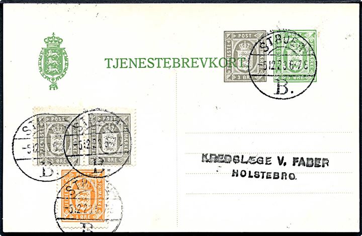 5+3 øre provisorisk Tjenestebrevkort opfrankeret med 1 øre og 3 øre (par) Tjenestemærke annulleret med brotype Vb Struer B. d. 5.12.1923 til Holstebro. 