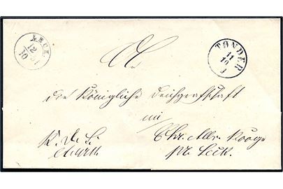 1851. Tjenestebrev “K.d.S.” fra Tønder Amtshaus med antiqua Tønder d. 11.10.1851 til Christian Albrechts Koog pr. Leck. Ank.stemplet med 1½-ringsstempel Leck d. 12.10.1851. 