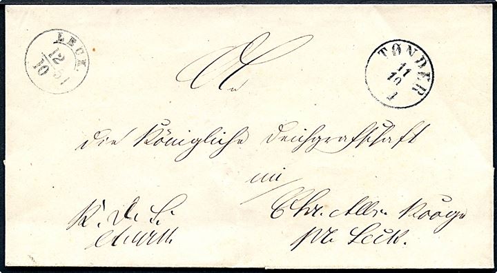 1851. Tjenestebrev “K.d.S.” fra Tønder Amtshaus med antiqua Tønder d. 11.10.1851 til Christian Albrechts Koog pr. Leck. Ank.stemplet med 1½-ringsstempel Leck d. 12.10.1851. 