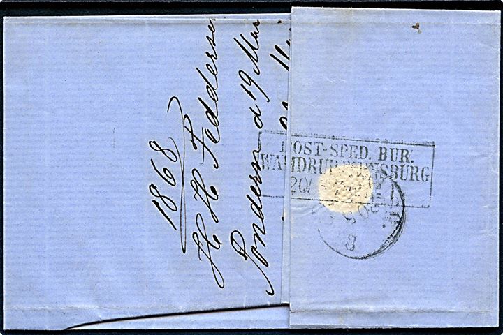 Norddeustcher Postbezirk 1 gr. stukken kant på brev blæk annulleret “Tondern 20/5 68” på brev med bureaustempel Post-Sped. Bur. Wamdrup - Flensburg til Carlshütte pr. Rendsburg. 