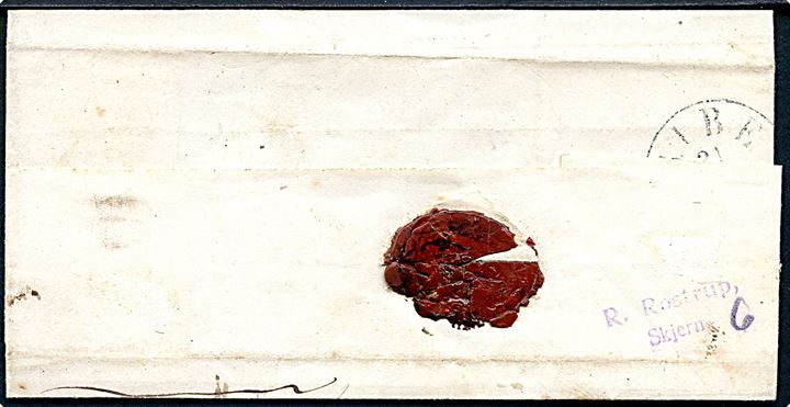 Herzogth. Schleswig 1 1/4 sch. stukken kant på brev annulleret med 2-ringsstempel Tondern d. 29.12.1864 via Ribe til Varde. Sendt i den overenskomstløse periode. Omfoldet.