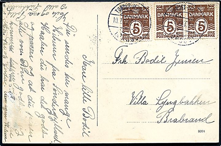 5 øre Bølgelinie (3) på brevkort annulleret med bureau Tønder - Tinglev - Tørsbøl sn2 T.1421 d. 10.7.1922 til Brabrand.