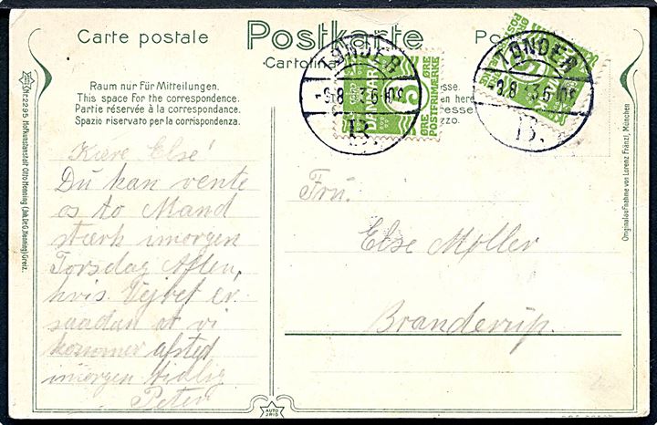 5 øre Bølgelinie (2) på brevkort annulleret med brotype Vb Tønder B. d. 9.8.1933 til Brænderup. Anvendt ca. 4 måneder senere end angivet i Daka.