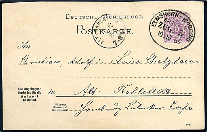 5 pfg. helsagsbrevkort fra Meldorf annulleret med ovalt bureaustempel Elmshorn - Hvidding Bahnpost Zug 5 d. 10.10.1889 til Alt Rahlstedt. Daka: 1500,-