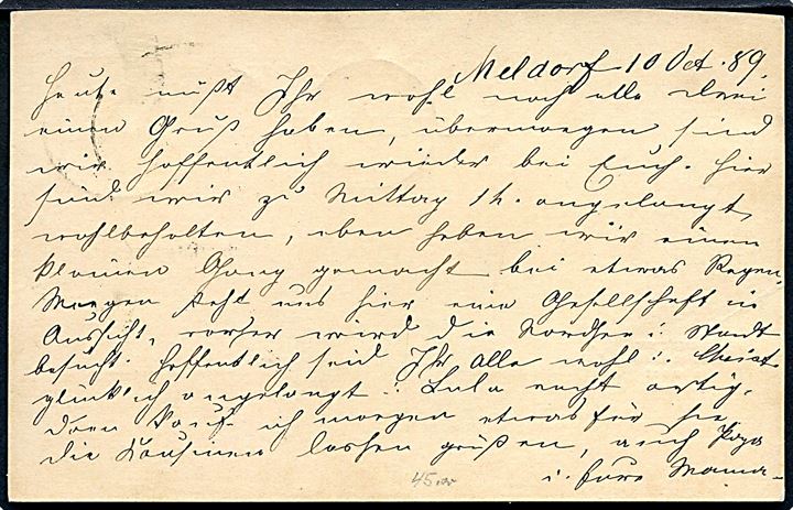 5 pfg. helsagsbrevkort fra Meldorf annulleret med ovalt bureaustempel Elmshorn - Hvidding Bahnpost Zug 5 d. 10.10.1889 til Alt Rahlstedt. Daka: 1500,-