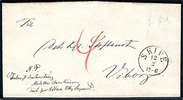 1874. Ufrankeret “N.P.” (Nedsat Porto) brev fra Oddense Otting Sogneraad med antiqua Skive d. 12.2.1874 til Viborg. Udtakseret i “4” sk. enkeltporto.