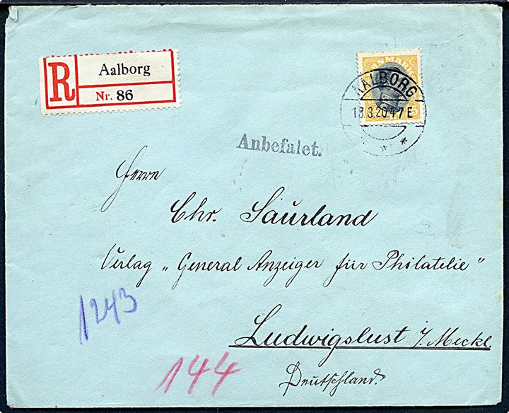 35 øre Chr. X single på anbefalet brev fra Aalborg d. 18.3.1920 til Ludwigslust, Tyskland.