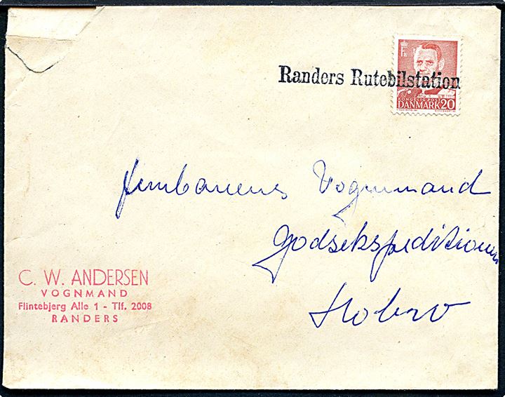 20 øre Fr. IX på privatbrfordret rutebilbrev annulleret med liniestempel “Randers Rutebilstation” ca. 1949 til Godsekspeditionen, Hobro. Tydeligt stempel, hj. skade.
