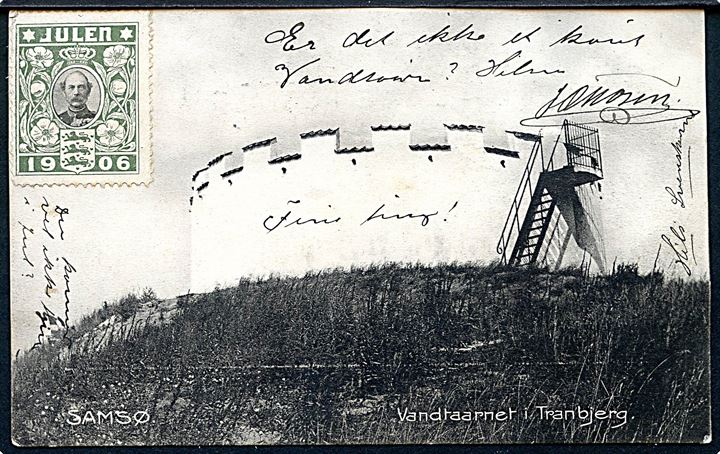 1 øre og 2 øre Bølgelinie på underfrankeret brevkort (Vandtaarnet i Tranebjerg) fra Tranebjerg d. 20.12.1906 til Spanga, Sverige. Postalt opfrankeret med 2 øre Bølgelinie annulleret med liniestempel “Tranebjerg”. Iflg. tekst fra fotografen bag benyttede postkort.