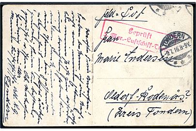 Feltpostkort stemplet Tondern d. 9.7.1916 til Oldorf - Rodenäs pr. Tondern. Rødt censurstempel: “Geprüft / 5. Mar.-Luftschiff-Trupp”. Fra besætningsmedlem, Ludwig Möller, fra Marine luftskib L9 som var stationeret på Zeppelinbasen i Tønder i perioden 2.7.-3.8.1916. 