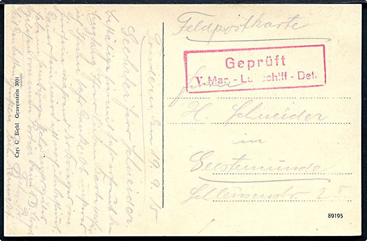 Feltpostkort (Gruss vom Nordeseestrand) dateret d. 19.9.1915 til Geestemünde. Rødt censurstempel: “Geprüft / V. Mar.-Luftschiff-Det.”. 