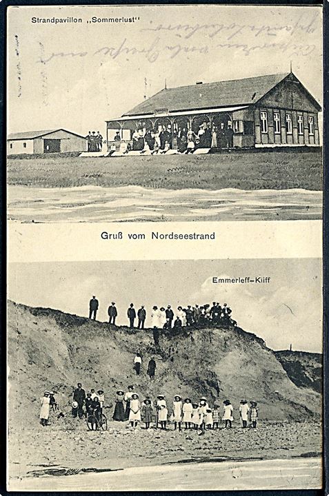 Feltpostkort (Gruss vom Nordeseestrand) dateret d. 19.9.1915 til Geestemünde. Rødt censurstempel: “Geprüft / V. Mar.-Luftschiff-Det.”. 