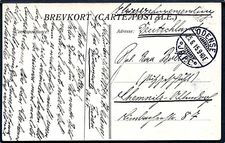 Ufrankeret krigsfange-kort fra interneret tysk soldat i Odense d. 25.6.1915 til Chemnitz. Fra Kurt Schönherr,  Marine Luftskibet L3, som nødlandede på Fanø d. 17.2. 1915. Tidlig forsendelse fra før brug af censurstempler i Odense.