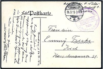 Feltpostkort stemplet Tondern d. 26.3.1915 til Kiel. Violet Briefstempel: “Kaiserlische Marine / Marine-Luftschiff-Detachement”. Uden censur.