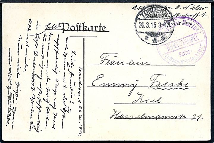 Feltpostkort stemplet Tondern d. 26.3.1915 til Kiel. Violet Briefstempel: “Kaiserlische Marine / Marine-Luftschiff-Detachement”. Uden censur.