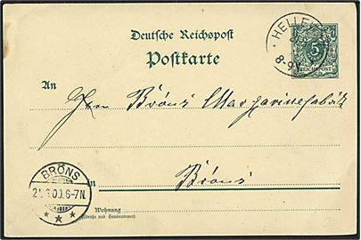 5 pfg. helsagsbrevkort annulleret med 1-ringstempel Hellewatt d. 21.6.1900 til Bröns.