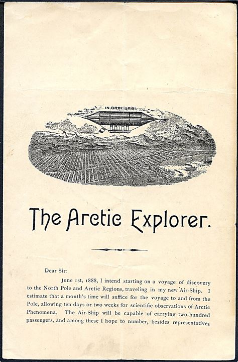 “The Arctic Explorer”. Fantasifuldt prospekt fra Dr. de Bausset’s Transcontinental Aerial Navigation Company i Chicago 1888 vedr. en påtænkt flyvning med luftskib til bl.a. Grønland og de arktiske egne. 4 sider. Fold.