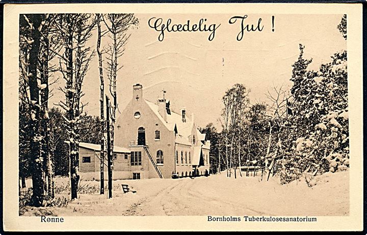 Bornholm. Rønne. Bornholms Tuberkulosesanatorium i sne. Glædelig Jul. Colbergs Boghandel u/no. 