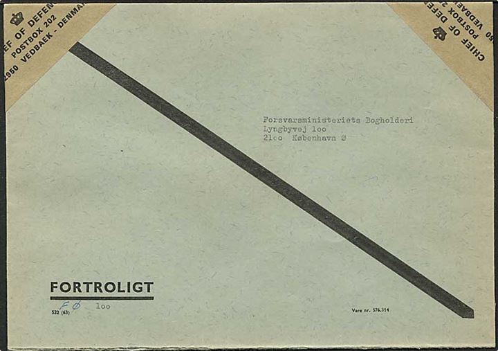 Ufrankeret fortrolig kurérforsendelse (ca. 1970) til Forsvarsministeriets Bogholderi i København. På bagsiden laksegl: Forsvarschefen.