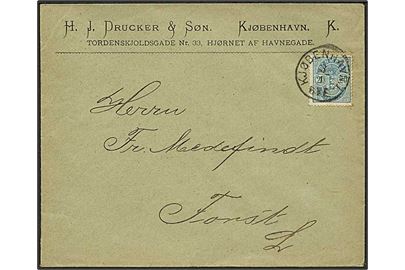 20 øre Våben med variant manglende fodstreg på 20 single på brev fra Kjøbenhavn d. 8.1.1891 til Forst, Tyskland. AFA: 1200,-