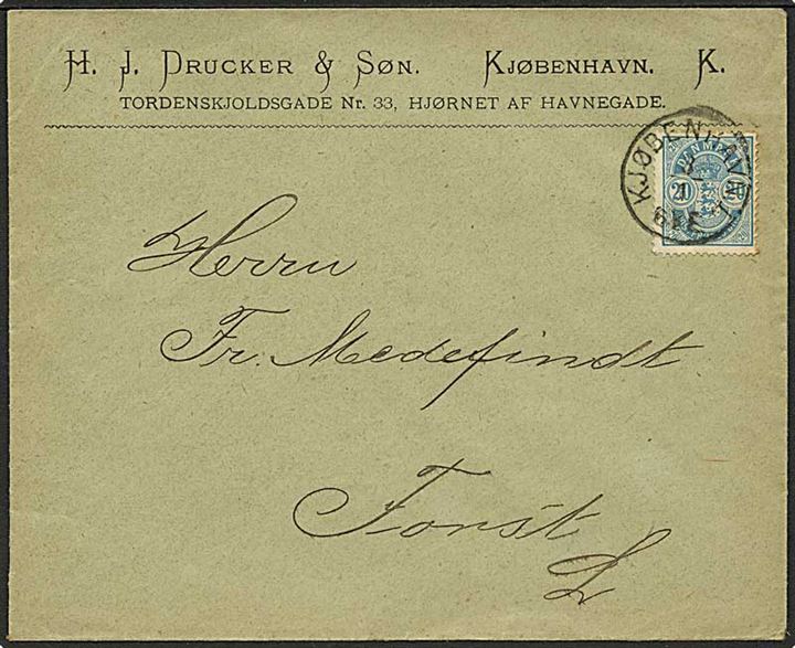 20 øre Våben med variant manglende fodstreg på 20 single på brev fra Kjøbenhavn d. 8.1.1891 til Forst, Tyskland. AFA: 1200,-