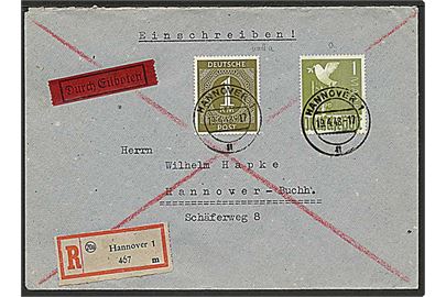 1 mk. I. Kontrollrat og 1 mk. II. Kontrollrat udg. på anbefalet ekspres lokalbrev i Hannover d. 19.4.1948 