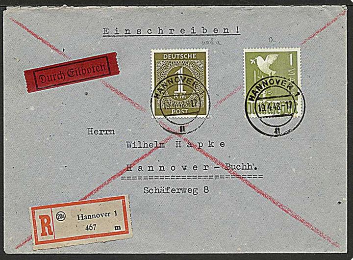 1 mk. I. Kontrollrat og 1 mk. II. Kontrollrat udg. på anbefalet ekspres lokalbrev i Hannover d. 19.4.1948 
