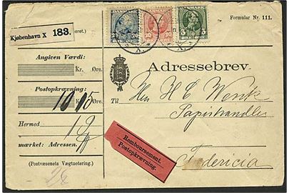 5 øre, 10 øre og 20 øre Chr. IX på adressebrev for opkrævningspakke fra Kjøbenhavn X d. 24.9.1906 til Fredericia. Noget nusset.