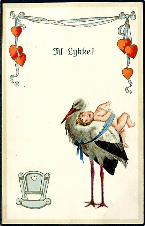 Til Lykke. Storken leverer en dreng. G. O. M. no. 1587. 