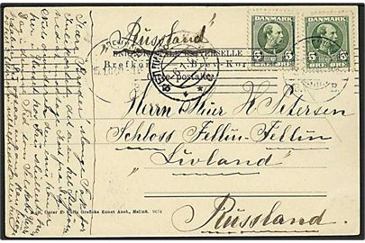 5 øre Chr. IX (2) på brevkort (Thorvaldsens Museum med sporvogne) fra Kjøbenhavn d. 15.1.1907 til Fellin, Livland, Rusland.