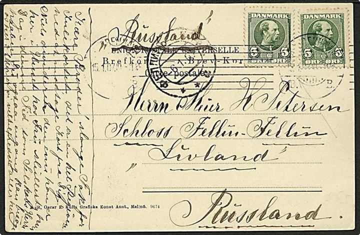 5 øre Chr. IX (2) på brevkort (Thorvaldsens Museum med sporvogne) fra Kjøbenhavn d. 15.1.1907 til Fellin, Livland, Rusland.