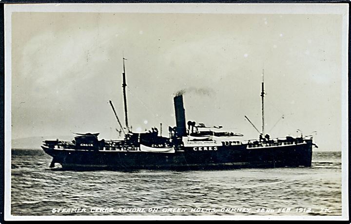 Ceres, S/S, DFDS. Strandet ved Green Holms, Orkney d. 22.2.1912. Besejlede ruten København-Leith-Færøerne og Island. Sænket af tysk ubåd U88 d. 13.7.1917. Viking no. G121.