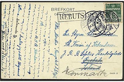 5 øre Bølgelinie på brevkort fra Rungsted d. 18.8.1913 til styrmand ombord på skonnerten Vonin i Ørebæk, Island. Retur med rammestempel Rebuts og Reykjavik d. 20.9.1913. Meddelelse skrevet med morse-tegn.