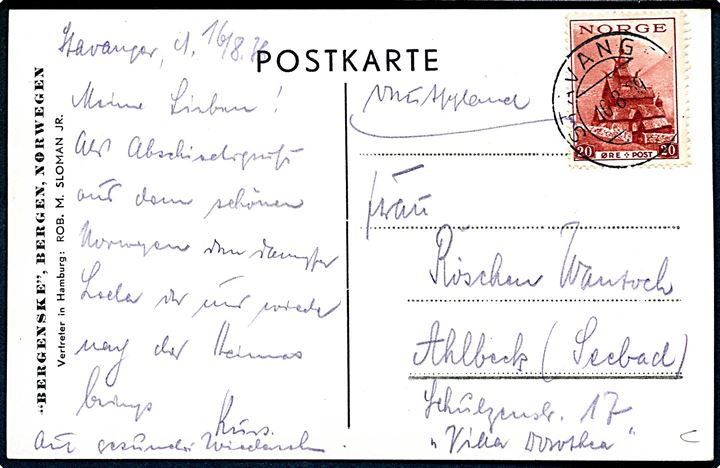 Leda, S/S, Det Bergenske Dampskibsselskab. Anvendt fra Stavanger d. 16.8.1938 til Tyskland.