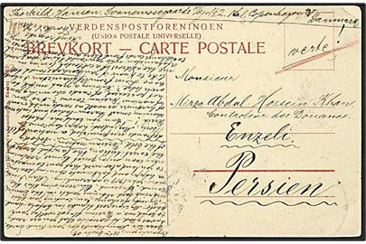 10 øre Fr. VIII på billedside af brevkort fra Kjøbenhavn 1908 til Enzeli, Persien. Meget usædvanlig destination.