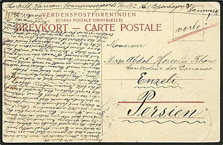 10 øre Fr. VIII på billedside af brevkort fra Kjøbenhavn 1908 til Enzeli, Persien. Meget usædvanlig destination.