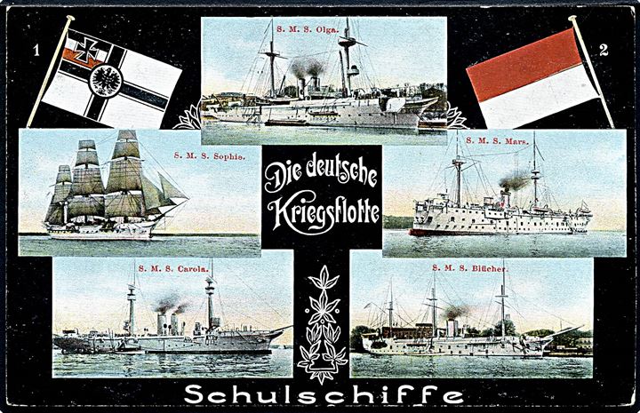 Den tyske flådes skoleskibe; SMS Olga, SMS Sophia, SMS Mars, SMS Carola og SMS Blücher. Gebr. Lempe u/no.