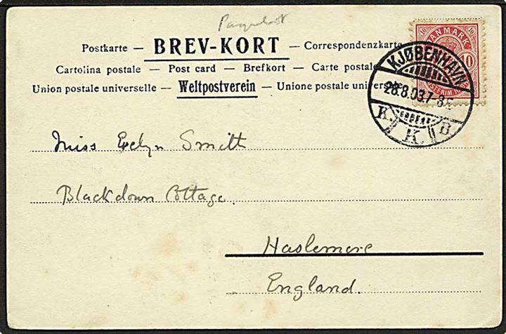 10 øre Våben på brevkort stemplet Kjøbenhavn d. 28.8.1903 til Haslemore, England. Interesant håndskrevet Paquebot påtegning.