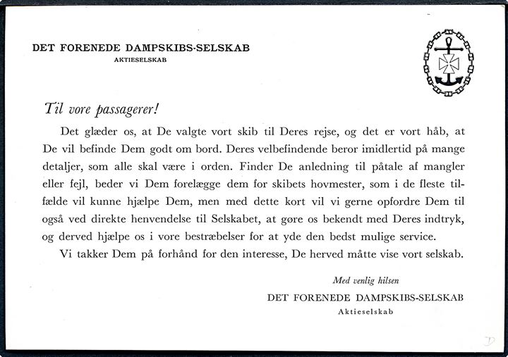 DFDS skibe, reklamekort uden adresselinier.