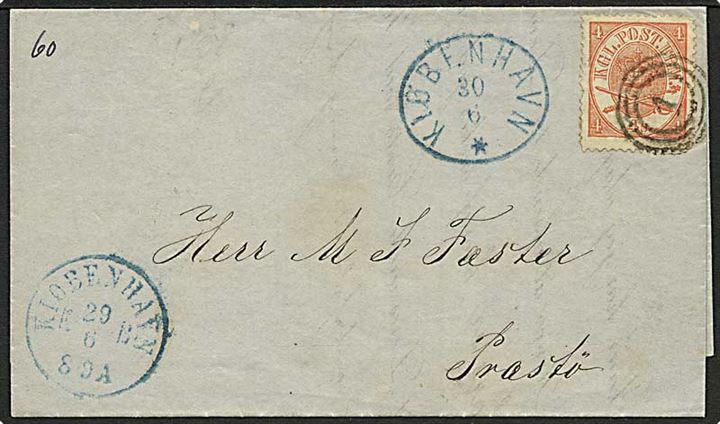 4 sk. Krone/Scepter på brev annulleret med nr.stempel 1 og sidestemplet i blå Kiøbenhavn KB d. 29.6.1868 og overnatningsstempel Kiøbenhavn d. 30.6.1868 til Præstø.