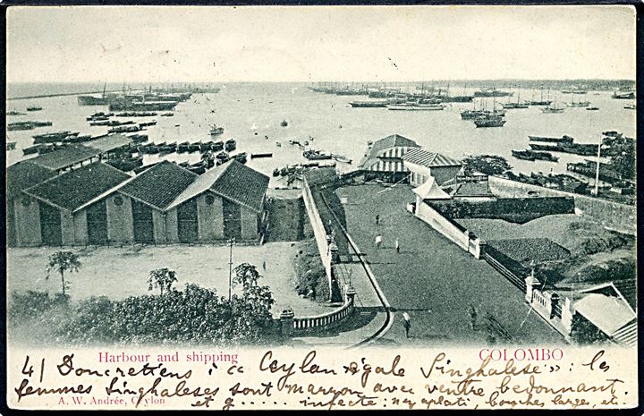 Ceylon, Colombo, udsigt over havnen. Frankeret med 3 c. Victoria (2) fra Colombo 1903 til Frankrig.