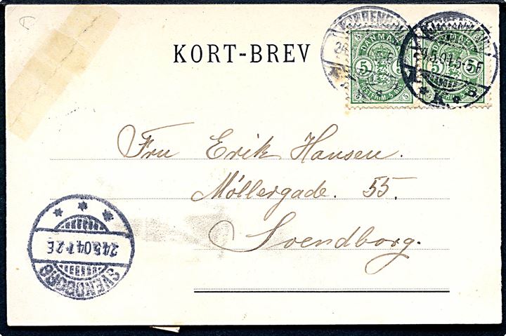 Postbud med brev. Stenders 5 øre Våben (2) på Kort-Brev fra Kjøbenhavn d. 24.5.1904 til Svendborg. Hj. knæk.