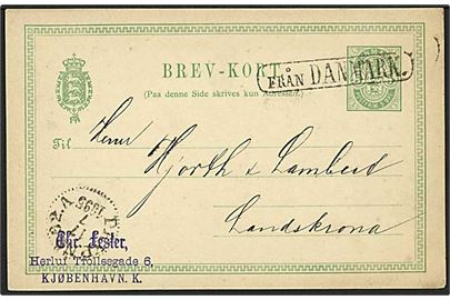 5 øre Våben helsagsbrevkort fra København annulleret med skibsstempel Från Danmark og sidestemplet PKXP No. 62.A d. 17.7.1895 til Landskrona, Sverige.